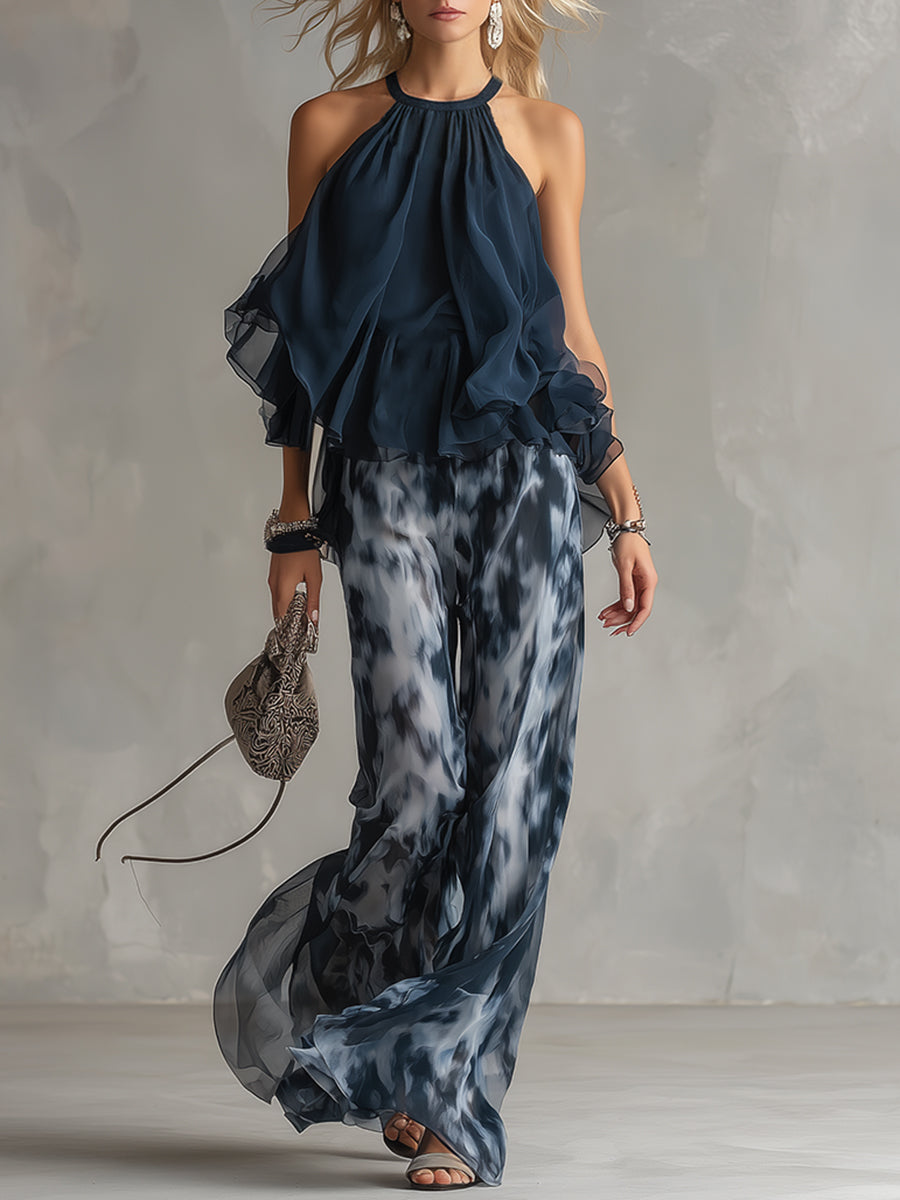 Ludovica | Κομψό Chiffon Σετ με Top Ψηλού Λαιμού και Φαρδύ Παντελόνι με Print