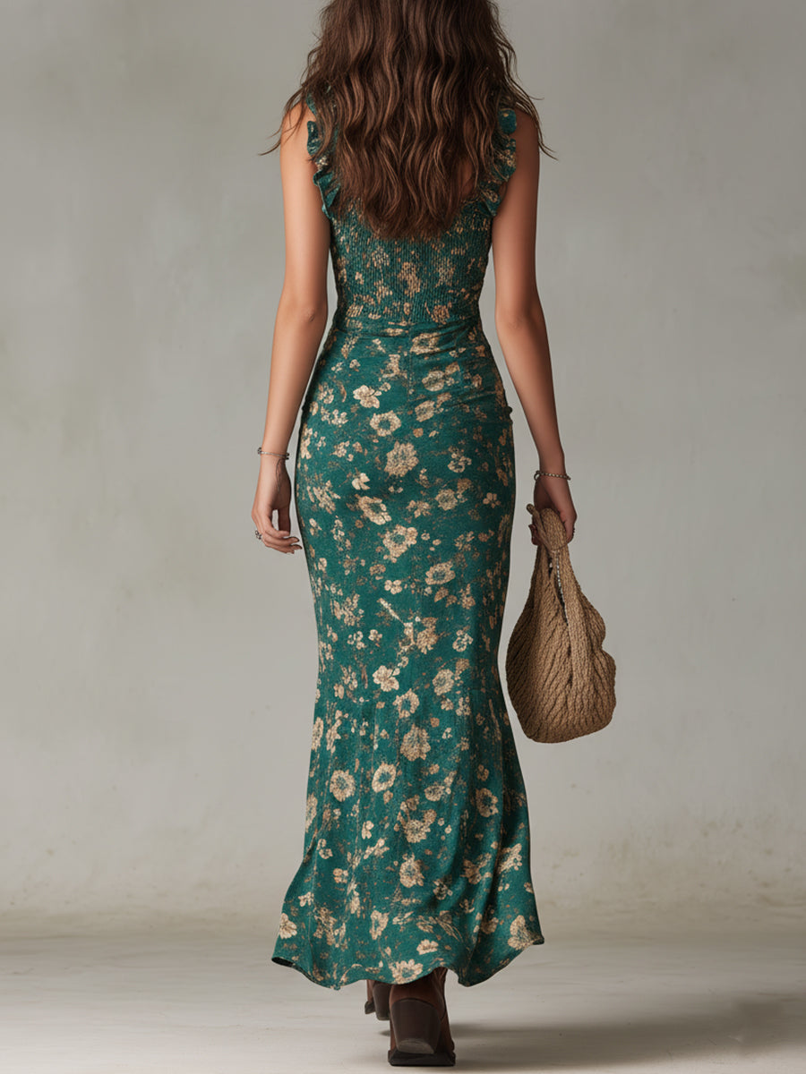 Zara | Boho Ρετρό Maxi Φόρεμα με Σούρες στα Μανίκια και Ψηλό Σκίσιμο